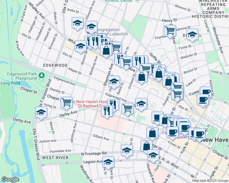 map of restaurants, bars, coffee shops, grocery stores, and more near 259 Edgewood Avenue in New Haven
