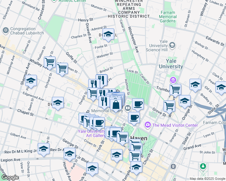 map of restaurants, bars, coffee shops, grocery stores, and more near Tower Parkway in New Haven