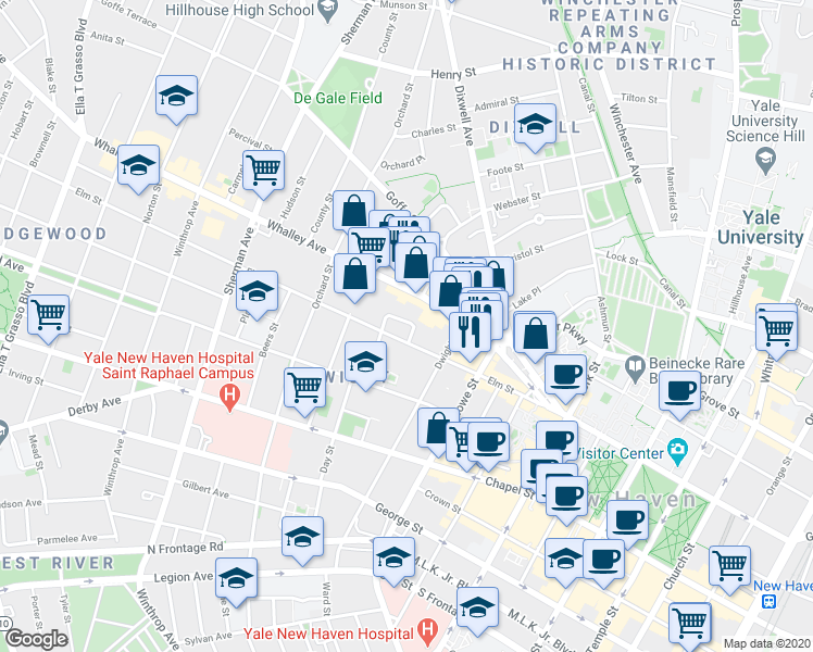 map of restaurants, bars, coffee shops, grocery stores, and more near 8 University Place in New Haven