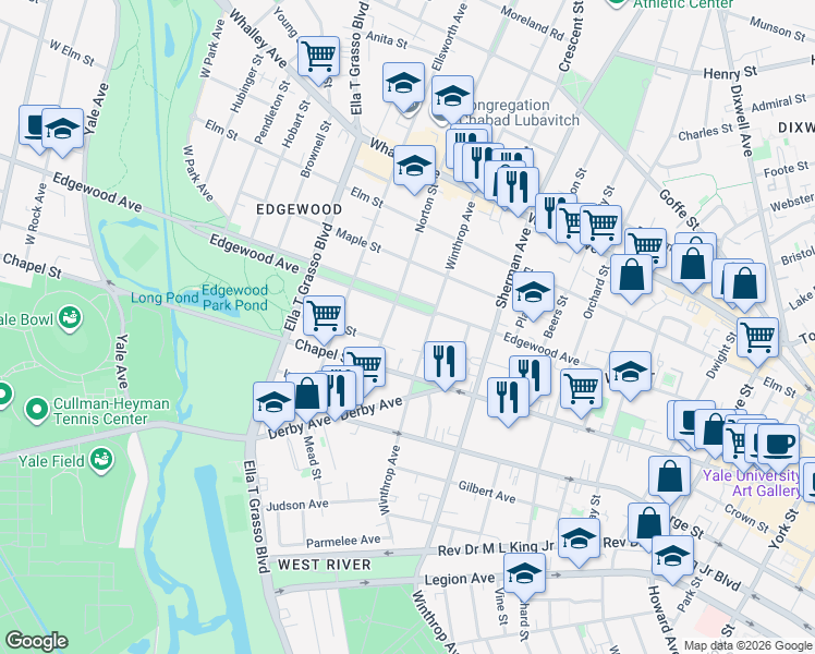 map of restaurants, bars, coffee shops, grocery stores, and more near 322 Winthrop Avenue in New Haven