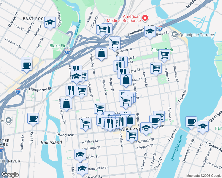 map of restaurants, bars, coffee shops, grocery stores, and more near 414 Poplar Street in New Haven