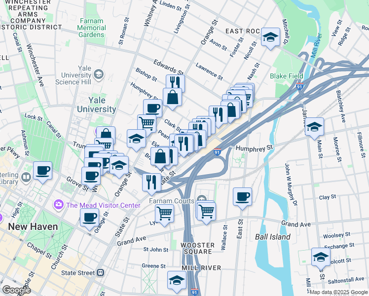 map of restaurants, bars, coffee shops, grocery stores, and more near 20 Pearl Street in New Haven
