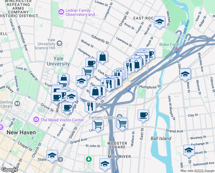 map of restaurants, bars, coffee shops, grocery stores, and more near 20 Pearl Street in New Haven