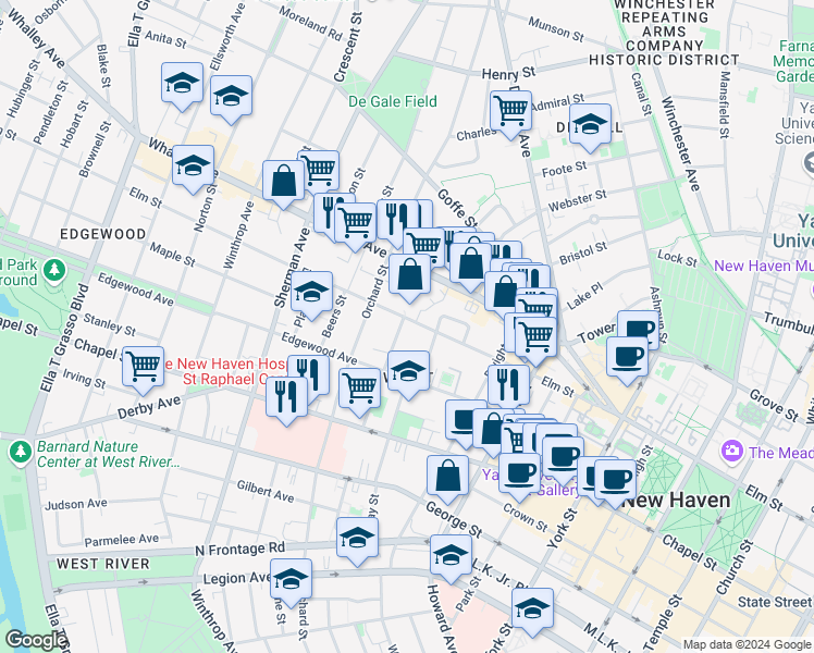 map of restaurants, bars, coffee shops, grocery stores, and more near 100 Kensington Street in New Haven