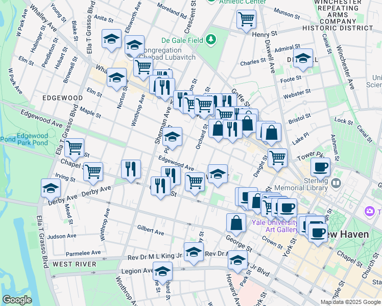 map of restaurants, bars, coffee shops, grocery stores, and more near 428 Orchard Street in New Haven