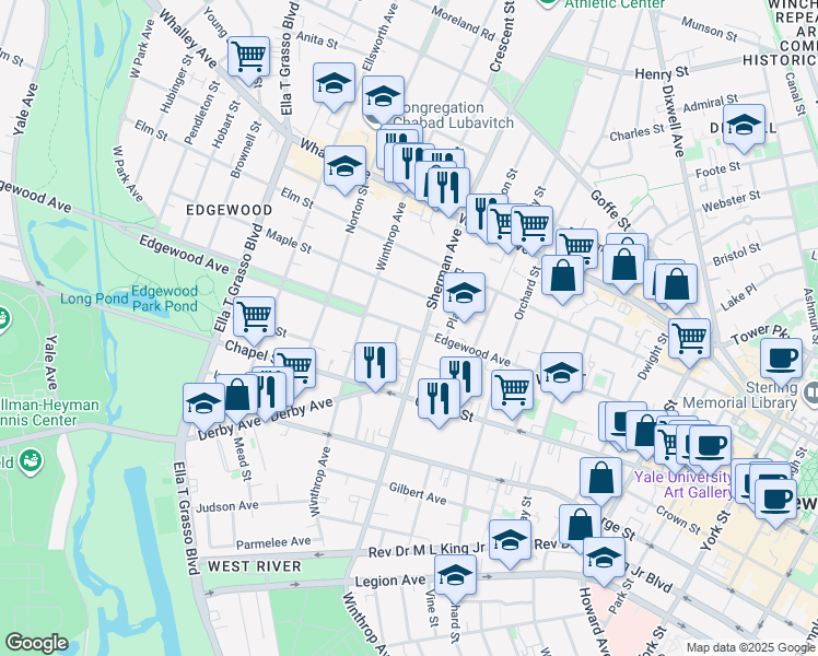 map of restaurants, bars, coffee shops, grocery stores, and more near 50 Hotchkiss Street in New Haven