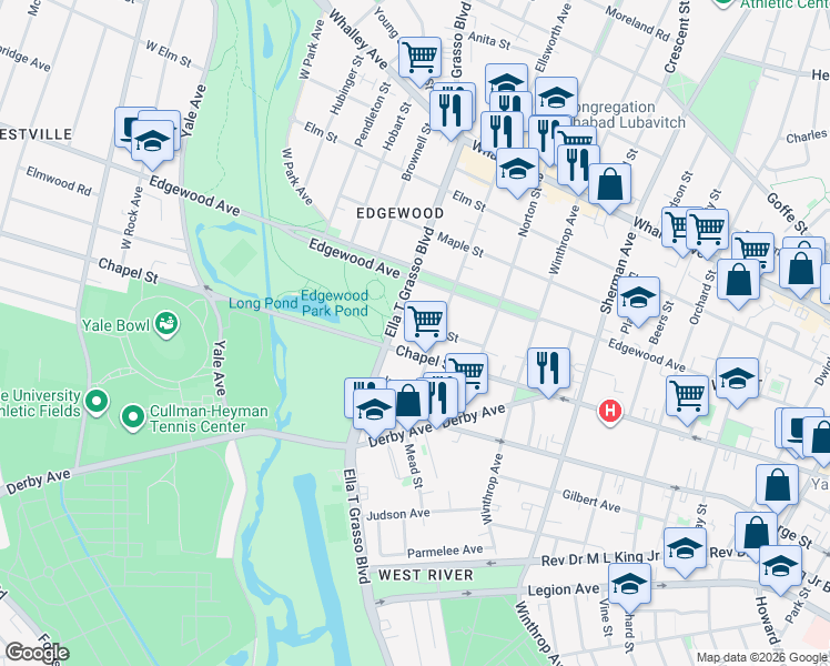 map of restaurants, bars, coffee shops, grocery stores, and more near 1633 Chapel Street in New Haven