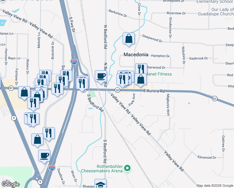 map of restaurants, bars, coffee shops, grocery stores, and more near 874 East Aurora Road in Macedonia