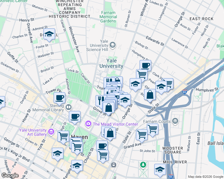 map of restaurants, bars, coffee shops, grocery stores, and more near in New Haven