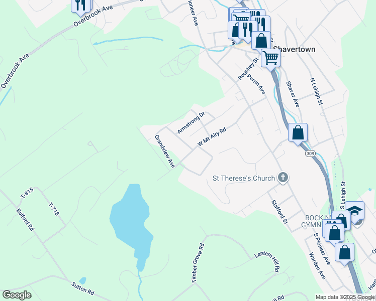 map of restaurants, bars, coffee shops, grocery stores, and more near 141 West Mount Airy Road in Shavertown