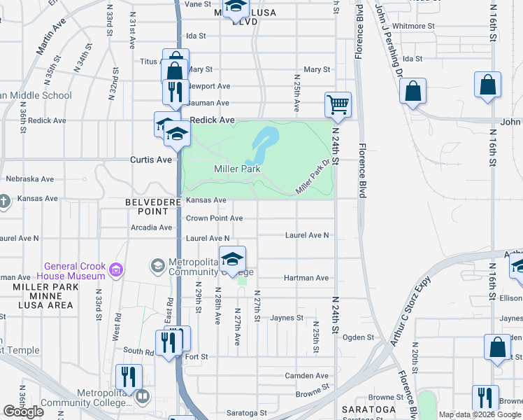 map of restaurants, bars, coffee shops, grocery stores, and more near 2703 Crown Point Avenue in Omaha