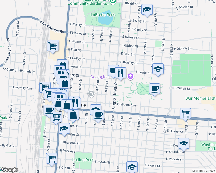 map of restaurants, bars, coffee shops, grocery stores, and more near 804 East Fremont Street in Laramie