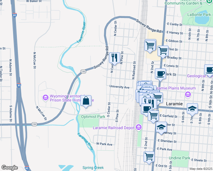 map of restaurants, bars, coffee shops, grocery stores, and more near 598 West University Avenue in Laramie