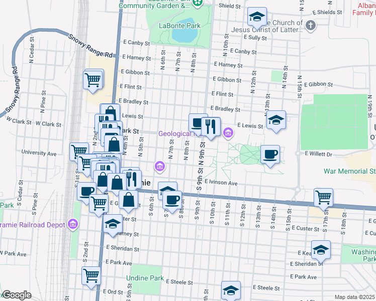 map of restaurants, bars, coffee shops, grocery stores, and more near 804 East Fremont Street in Laramie