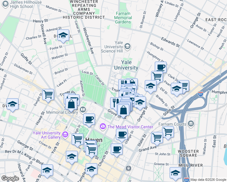 map of restaurants, bars, coffee shops, grocery stores, and more near 24 Hillhouse Avenue in New Haven
