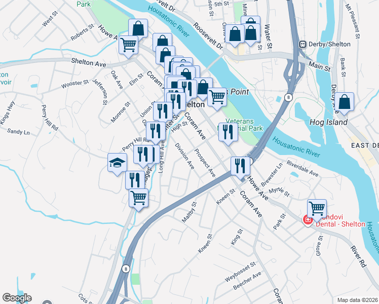 map of restaurants, bars, coffee shops, grocery stores, and more near 76 Hill Street in Shelton