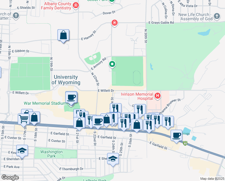 map of restaurants, bars, coffee shops, grocery stores, and more near East Willett Drive in Laramie