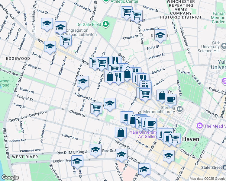 map of restaurants, bars, coffee shops, grocery stores, and more near 506 Elm Street in New Haven