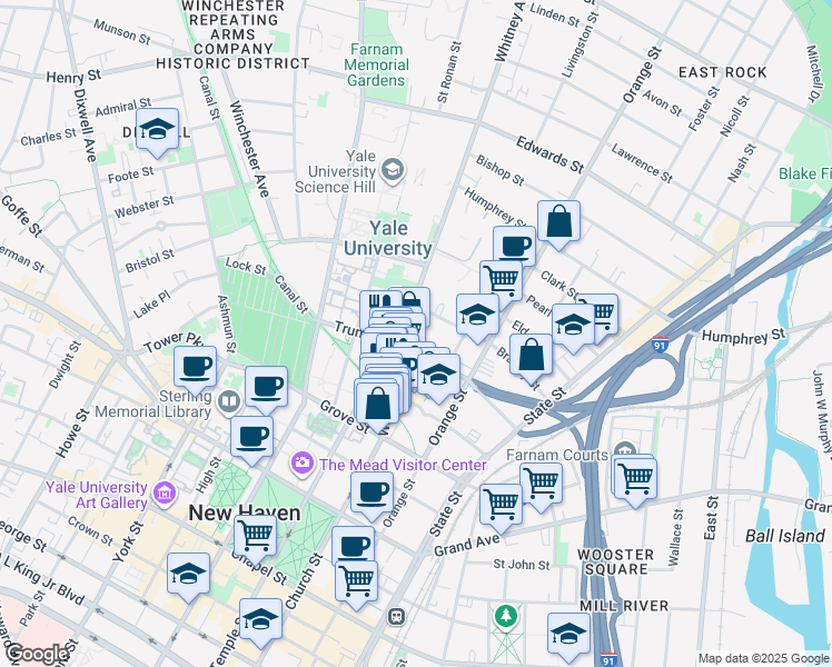 map of restaurants, bars, coffee shops, grocery stores, and more near 63 Trumbull Street in New Haven