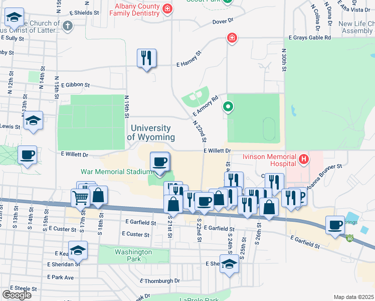 map of restaurants, bars, coffee shops, grocery stores, and more near 1000 East University Avenue in Laramie