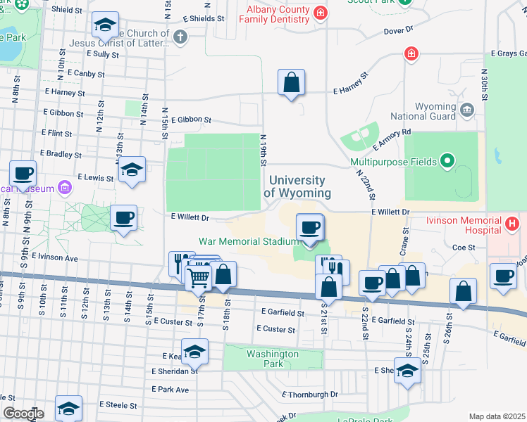 map of restaurants, bars, coffee shops, grocery stores, and more near in Laramie