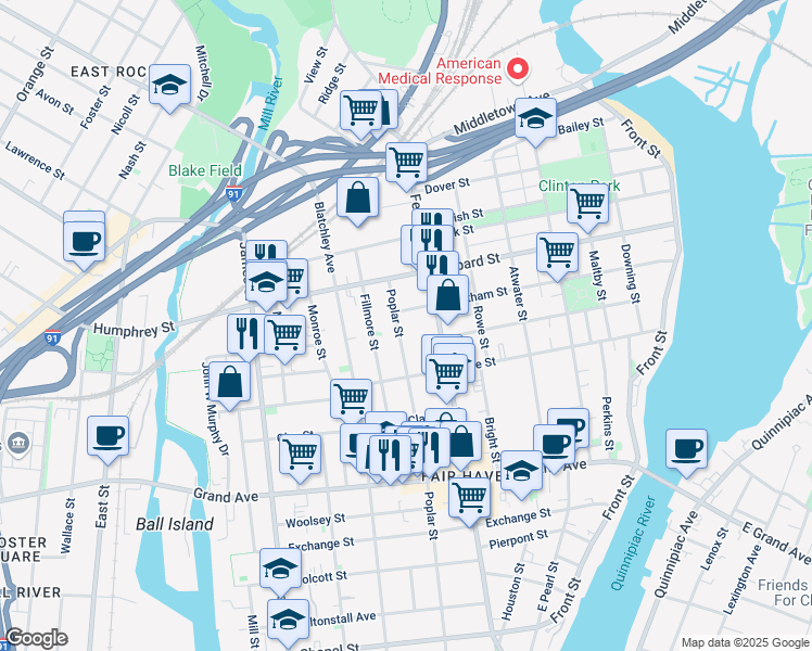 map of restaurants, bars, coffee shops, grocery stores, and more near 414 Poplar Street in New Haven