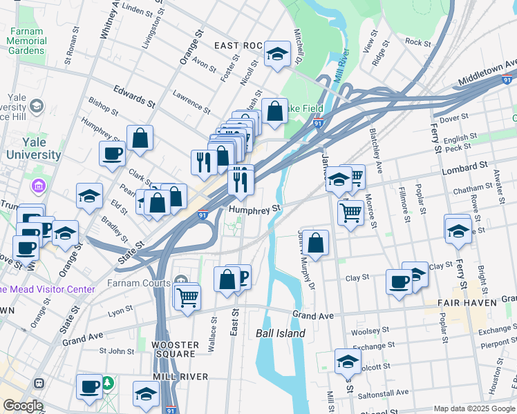 map of restaurants, bars, coffee shops, grocery stores, and more near 507 East Street in New Haven