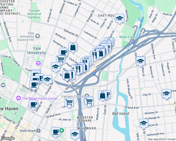 map of restaurants, bars, coffee shops, grocery stores, and more near 843 State Street in New Haven