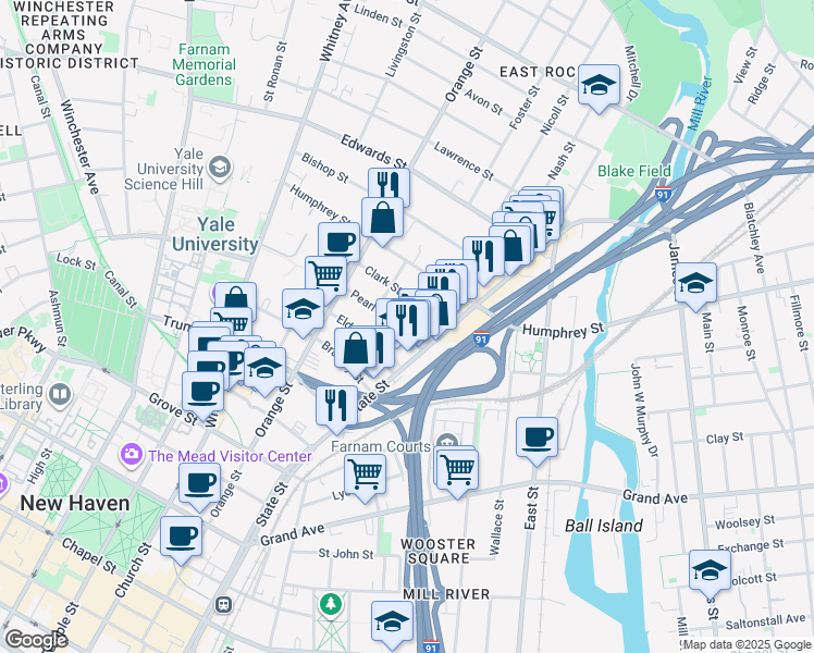 map of restaurants, bars, coffee shops, grocery stores, and more near 20 Pearl Street in New Haven