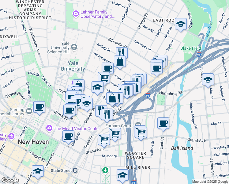 map of restaurants, bars, coffee shops, grocery stores, and more near 20 Eld Street in New Haven
