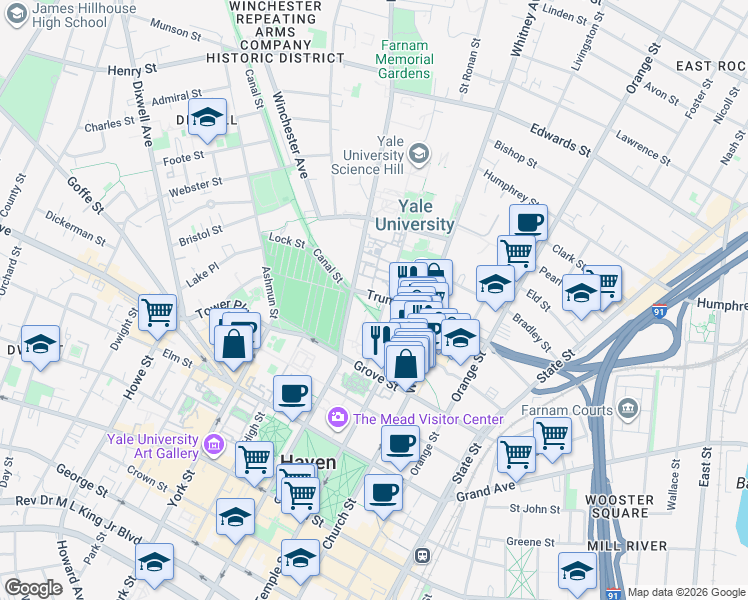 map of restaurants, bars, coffee shops, grocery stores, and more near 12-22 Hillhouse Ave in New Haven