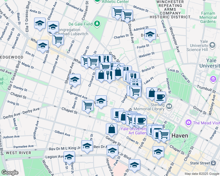 map of restaurants, bars, coffee shops, grocery stores, and more near 32 Garden Street in New Haven