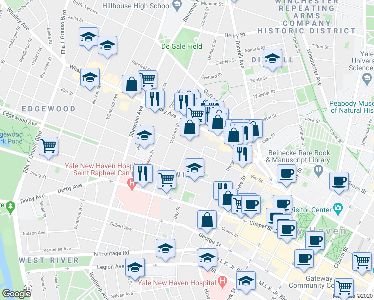 map of restaurants, bars, coffee shops, grocery stores, and more near 100 Kensington Street in New Haven