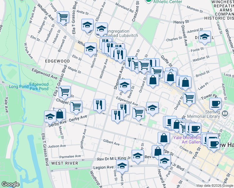 map of restaurants, bars, coffee shops, grocery stores, and more near 221 Sherman Avenue in New Haven