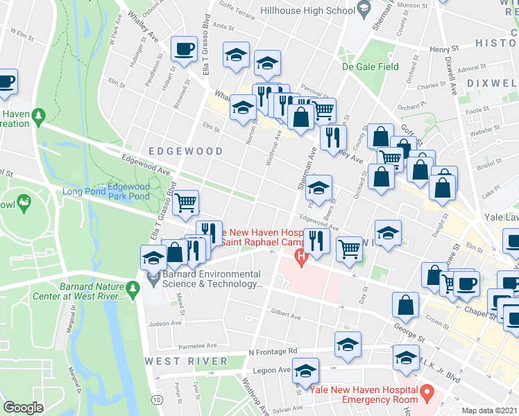 map of restaurants, bars, coffee shops, grocery stores, and more near 322 Winthrop Avenue in New Haven