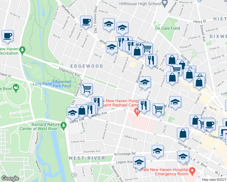map of restaurants, bars, coffee shops, grocery stores, and more near 322 Winthrop Avenue in New Haven