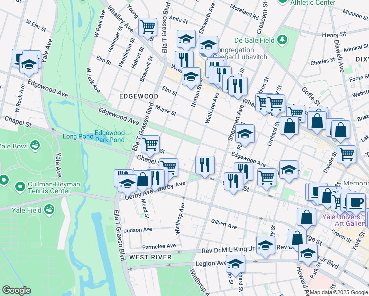 map of restaurants, bars, coffee shops, grocery stores, and more near 79 Norton Street in New Haven