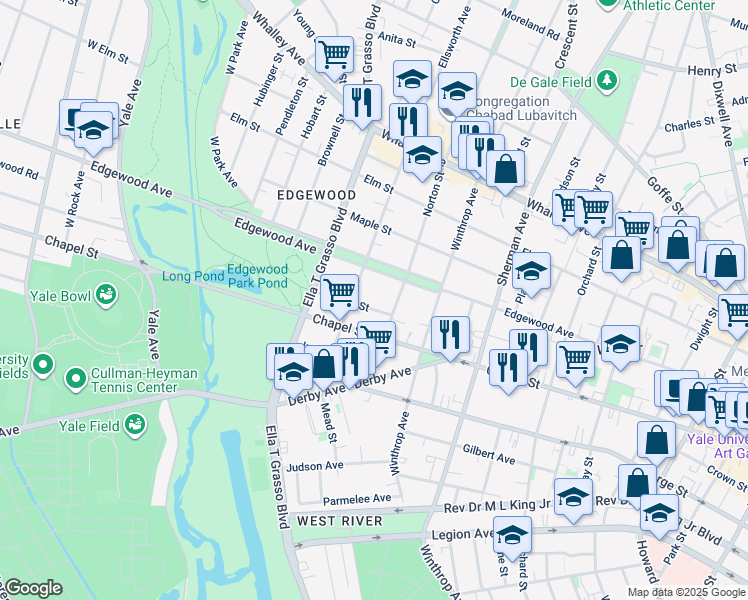 map of restaurants, bars, coffee shops, grocery stores, and more near 30 Stanley Street in New Haven