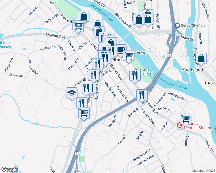 map of restaurants, bars, coffee shops, grocery stores, and more near 188 Division Avenue in Shelton