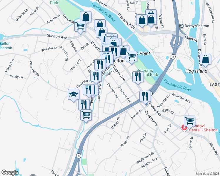 map of restaurants, bars, coffee shops, grocery stores, and more near 188 Division Avenue in Shelton