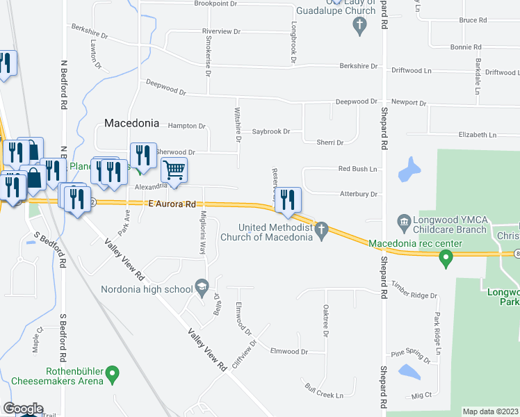 map of restaurants, bars, coffee shops, grocery stores, and more near 1088 Ohio 82 in Macedonia
