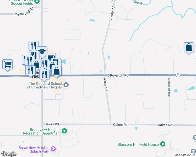 map of restaurants, bars, coffee shops, grocery stores, and more near 9280 Avery Road in Broadview Heights