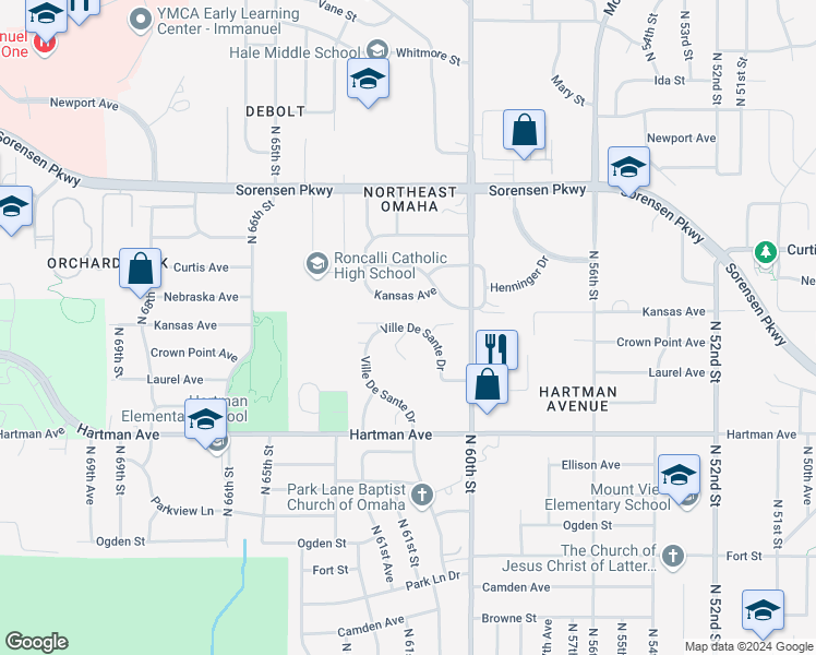 map of restaurants, bars, coffee shops, grocery stores, and more near 6042 Ville De Sante Dr in Omaha