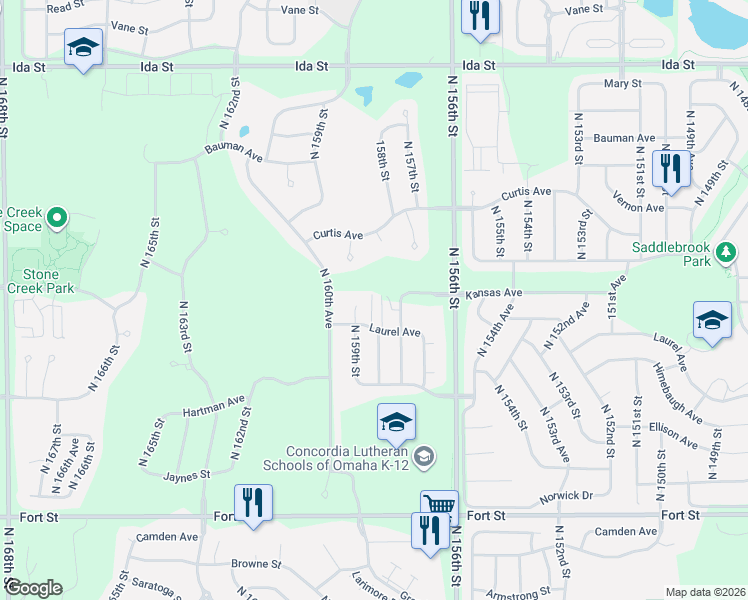 map of restaurants, bars, coffee shops, grocery stores, and more near 5901 North 159th Circle in Omaha