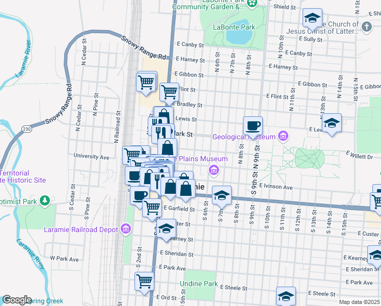 map of restaurants, bars, coffee shops, grocery stores, and more near 170 North 5th Street in Laramie