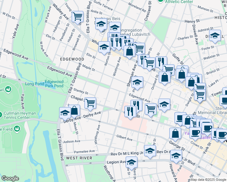 map of restaurants, bars, coffee shops, grocery stores, and more near 336 Edgewood Avenue in New Haven