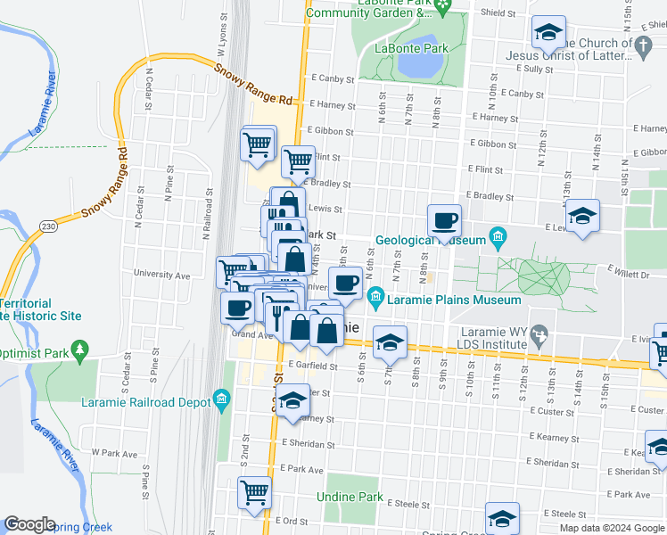 map of restaurants, bars, coffee shops, grocery stores, and more near 170 North 5th Street in Laramie