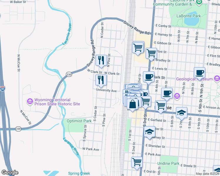 map of restaurants, bars, coffee shops, grocery stores, and more near 101 South Hodgeman Street in Laramie