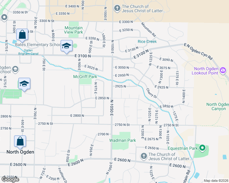 map of restaurants, bars, coffee shops, grocery stores, and more near 1082 2850 North Street in North Ogden