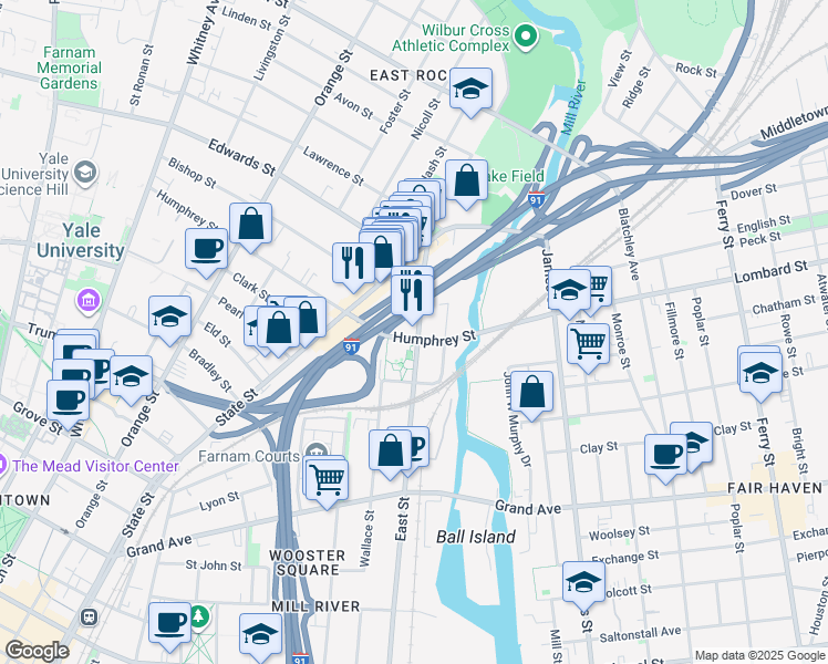 map of restaurants, bars, coffee shops, grocery stores, and more near 524 East Street in New Haven